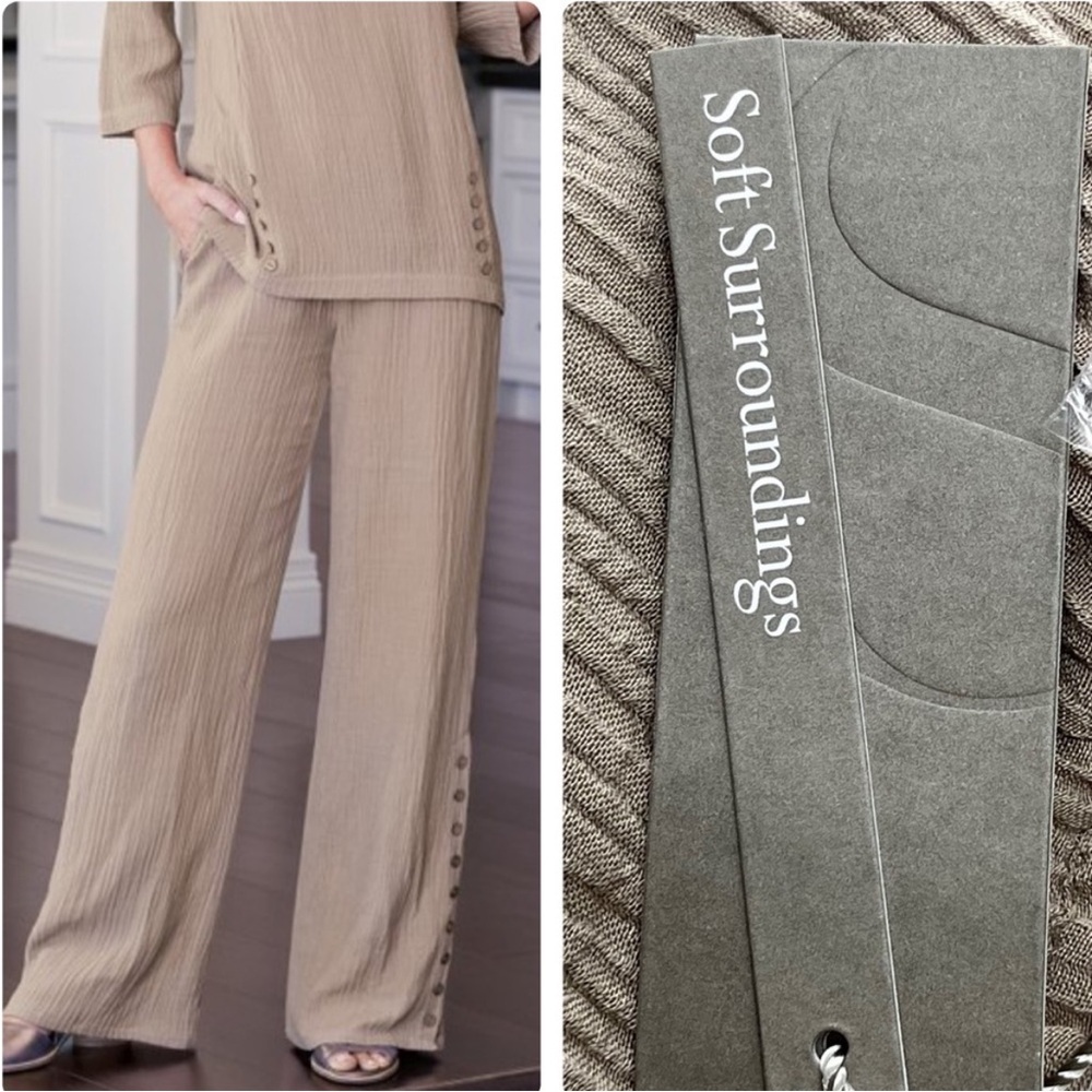 SOFT SURROUNDINGS NWT OCEO GAUZE WIDE LEG PANTS IN PEBBLE TAUPE PETITE XL